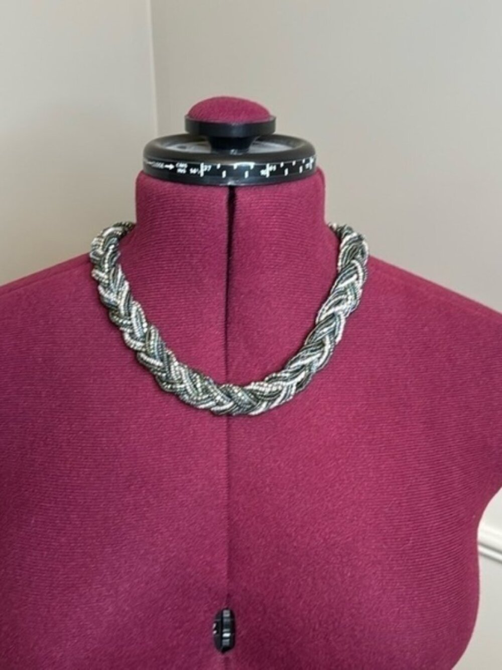 Black and gray braided beaded statement necklace